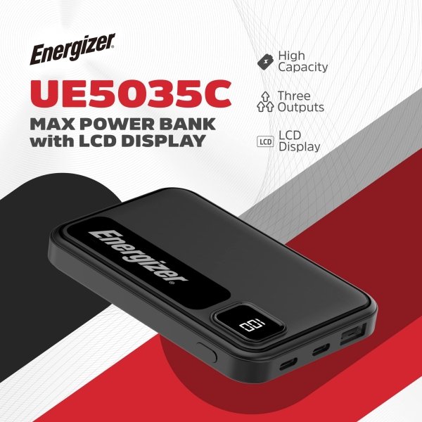 Energizer - MAX 5,000mAh 15W USB-C 3-Port Universal Portable Battery Charger/Power Bank w/ LCD screen for Smartphones & Accessories - Black - Image 2