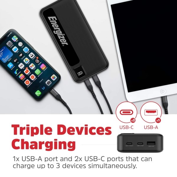 Energizer - MAX 20,000mAh 15W USB-C 3-Port Universal Portable Battery Charger/Power Bank w/ LCD screen for Smartphones & Accessories - Black - Image 3