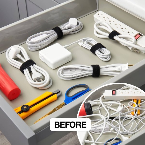 Wrap-It Storage - Self-Gripping Cable Ties (20-Pack) Reusable Hook and Loop Cord Organizer Cable Tie for Cord Management and Organization - Black - Image 2