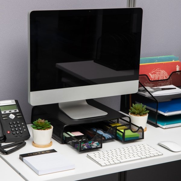 Mind Reader - Monitor Stand, Ventilated Laptop Riser, Desktop Organizer, Storage, Metal Mesh, 13.25"L x 12.5"W x 3"H - Black - Image 2