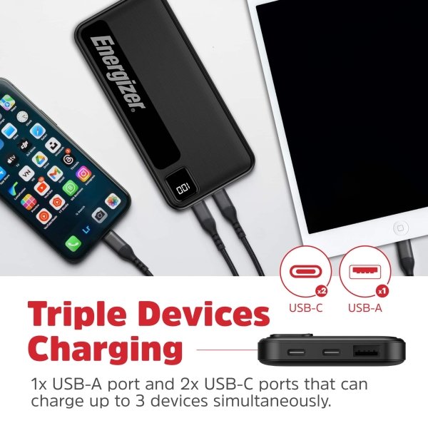 Energizer - MAX 10,000mAh 15W USB-C 3-Port Universal Portable Battery Charger/Power Bank w/ LCD screen for Smartphones & Accessories - Black - Image 3