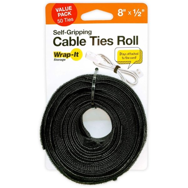 Wrap-It Storage Self-Gripping Cable Ties Roll - 8-inch (50-Pack) Black - Reusable Hook and Loop Ties - Black