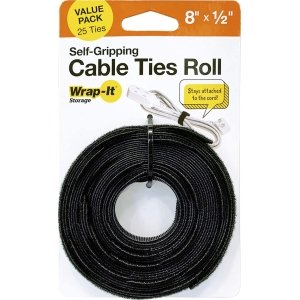 Wrap-It Storage - Self-Gripping Cable Ties Roll - 8-inch (25-Pack) - Reusable Hook and Loop Ties - Black