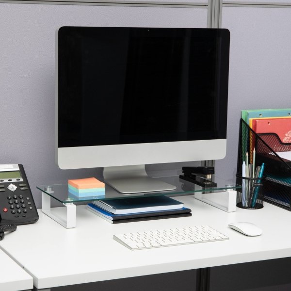 Mind Reader - Monitor Stand, Contemporary, Desktop Organizer, Laptop Riser, Office, Glass, 22"L x 8.25"W x 3"H - Clear - Image 2