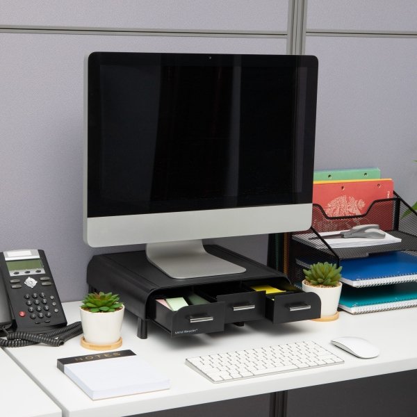 Mind Reader - Monitor Stand, Laptop Riser, Desktop Organizer, Storage Drawer, Office, Plastic, 13.5"L x 13"W x 4"H - Black - Image 2