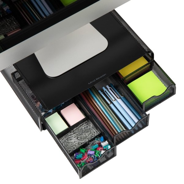 Mind Reader - Monitor Stand, Ventilated Laptop Riser, Desktop Organizer, Storage, Metal Mesh, 13.25"L x 12.5"W x 3"H - Black - Image 3
