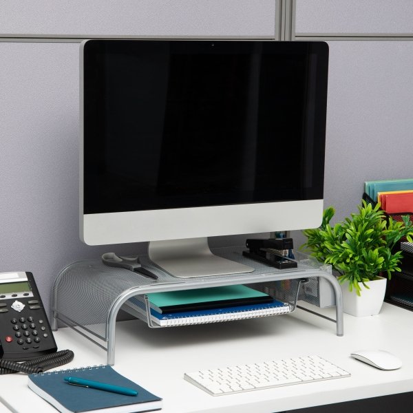 Mind Reader - Monitor Stand, Ventilated Laptop Riser, Paper Tray, Storage, Office, Metal Mesh, 20"L x 11.5"W x 5.5"H - Silver - Image 2