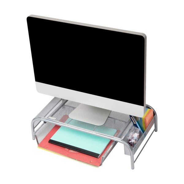 Mind Reader - Monitor Stand, Ventilated Laptop Riser, Paper Tray, Storage, Office, Metal Mesh, 20"L x 11.5"W x 5.5"H - Silver - Image 3
