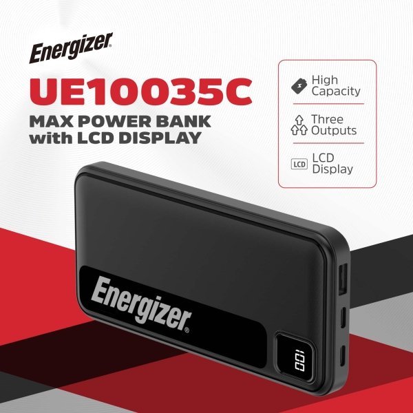 Energizer - MAX 10,000mAh 15W USB-C 3-Port Universal Portable Battery Charger/Power Bank w/ LCD screen for Smartphones & Accessories - Black - Image 2