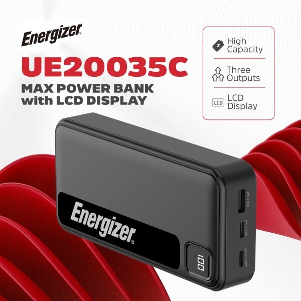 Energizer - MAX 20,000mAh 15W USB-C 3-Port Universal Portable Battery Charger/Power Bank w/ LCD screen for Smartphones & Accessories - Black - Image 2